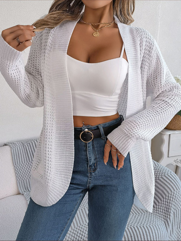 Solid Waffle Knitted Pocket Cardigan Cardigans - Chuzko Women Clothing