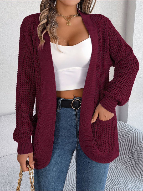 Solid Waffle Knitted Pocket Cardigan Cardigans - Chuzko Women Clothing