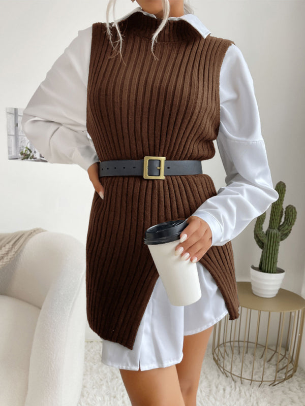 Office Ribbed Knitted High Neck Mid-Length Slit Vest Sweater Vest Sweaters - Chuzko Women Clothing