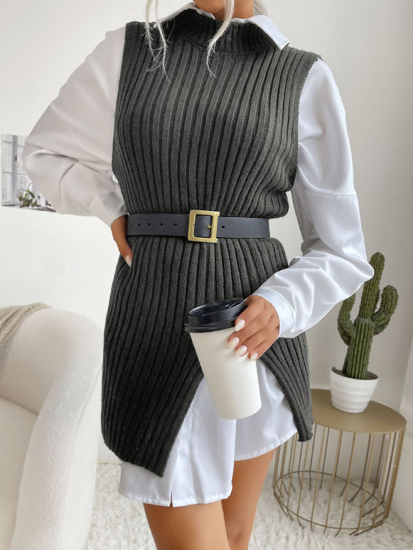 Office Ribbed Knitted High Neck Mid-Length Slit Vest Sweater Vest Sweaters - Chuzko Women Clothing