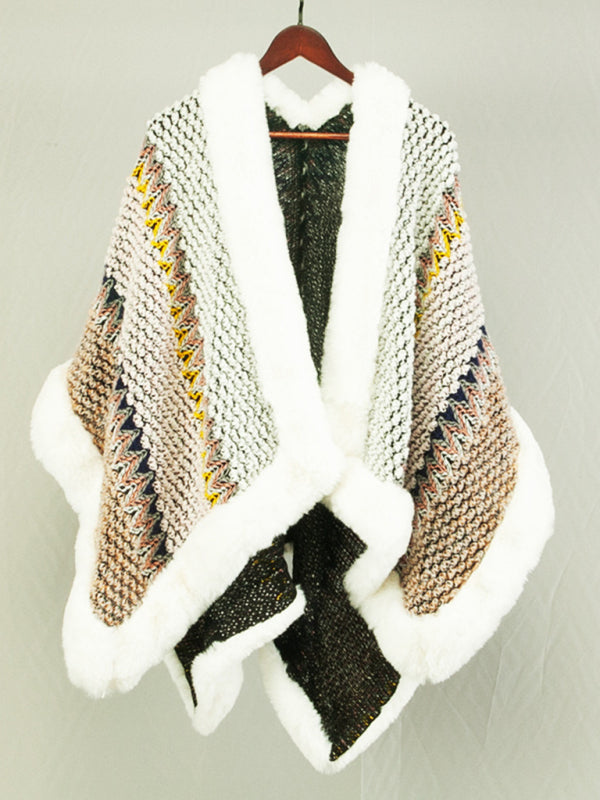 Thick Knitted Faux Fur Trimming Mid-Length Chunky Cardigan Poncho Ponchos - Chuzko Women Clothing