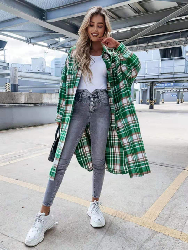 Plaid Overcoat Longline Jacket Jackets - Chuzko Women Clothing