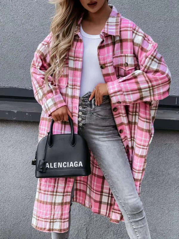 Plaid Overcoat Longline Jacket Jackets - Chuzko Women Clothing