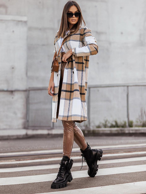 Plaid Wool-Blend Notch Lapel Pea Coat Pea Coats - Chuzko Women Clothing