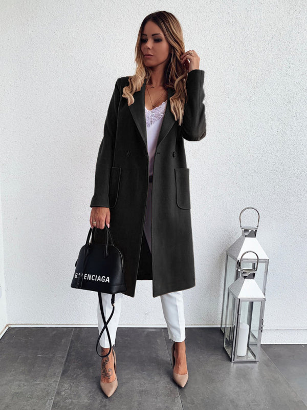 Solid Woolen Blend Notch Lapel Pea Coat - Elegant Trench Coat Coats - Chuzko Women Clothing