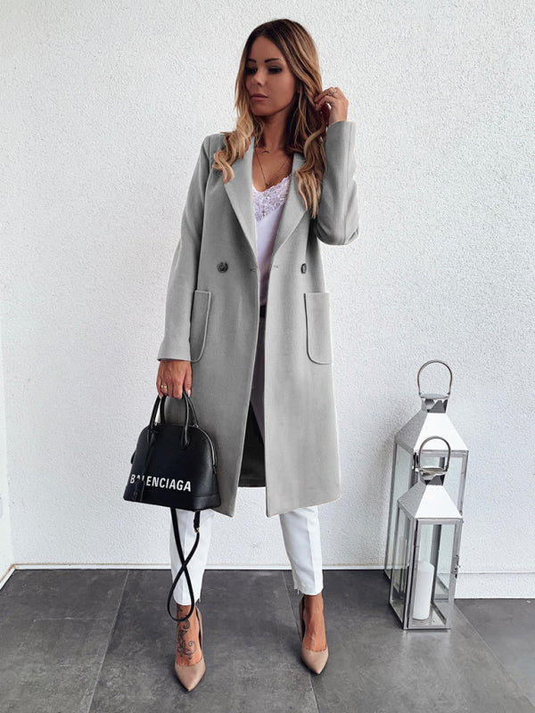 Solid Woolen Blend Notch Lapel Pea Coat - Elegant Trench Coat Coats - Chuzko Women Clothing