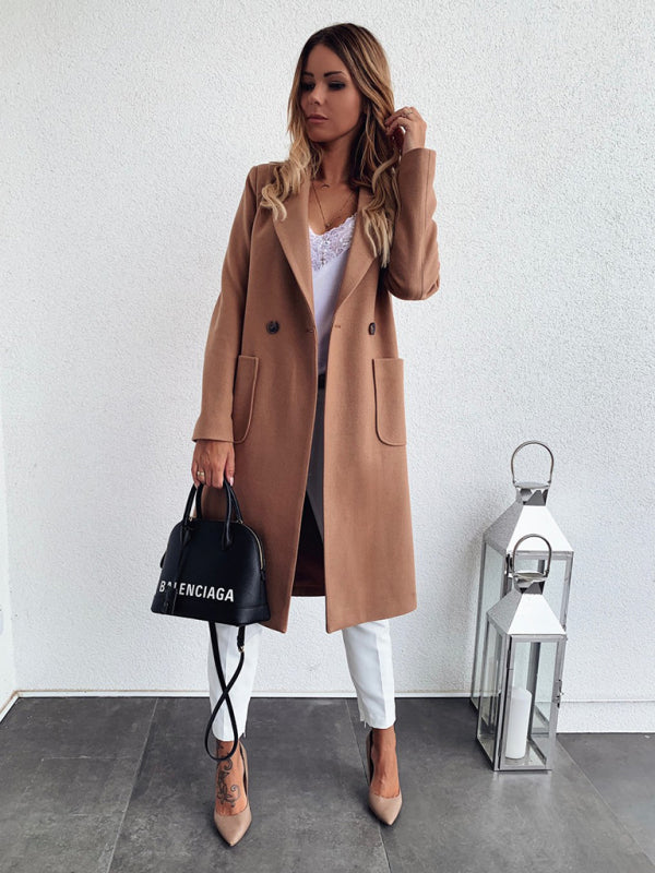 Solid Woolen Blend Notch Lapel Pea Coat - Elegant Trench Coat Coats - Chuzko Women Clothing