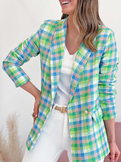 Plaid Double-Breasted Shawl Lapel Blazer Blazers - Chuzko Women Clothing