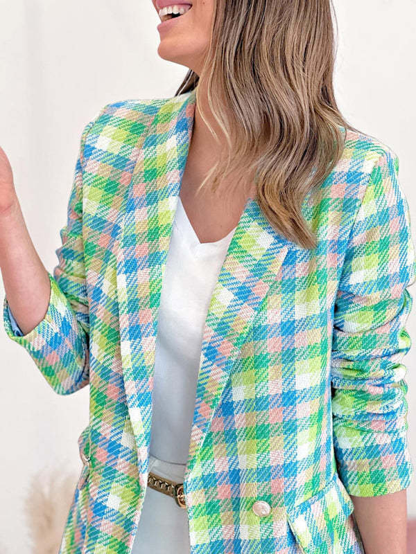 Plaid Double-Breasted Shawl Lapel Blazer Blazers - Chuzko Women Clothing