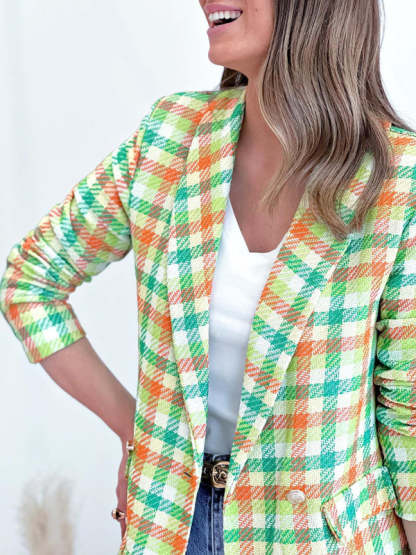 Plaid Double-Breasted Shawl Lapel Blazer Blazers - Chuzko Women Clothing