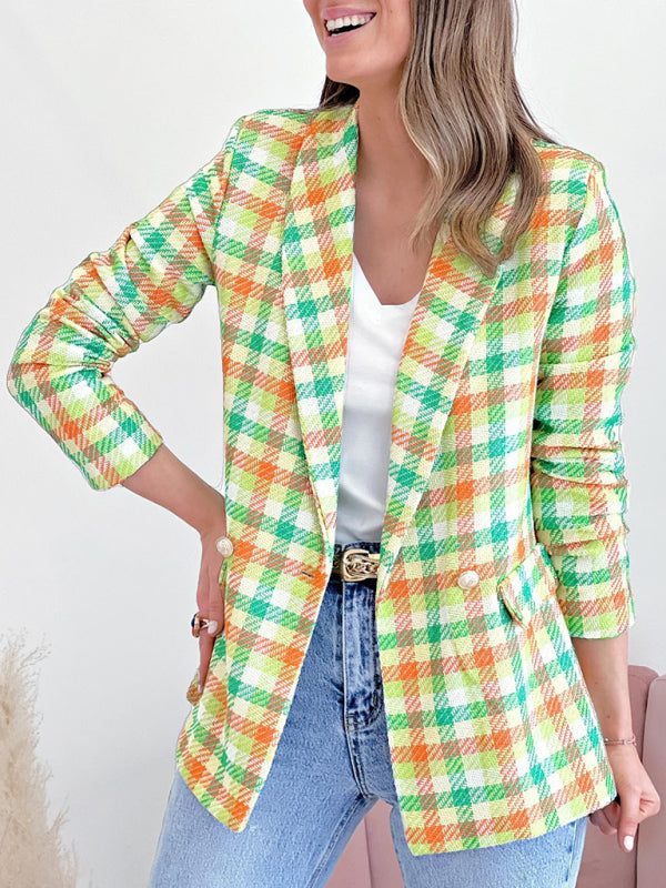 Plaid Double-Breasted Shawl Lapel Blazer Blazers - Chuzko Women Clothing