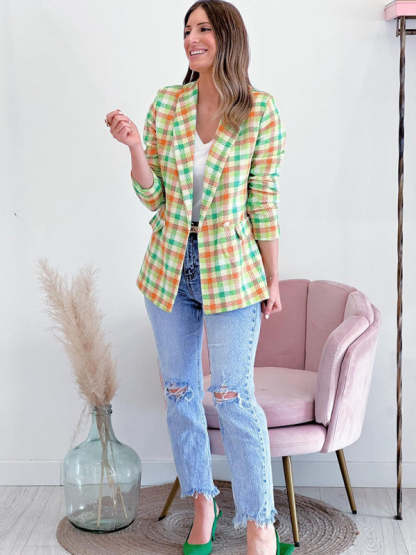 Plaid Double-Breasted Shawl Lapel Blazer Blazers - Chuzko Women Clothing