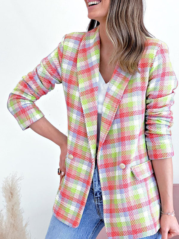 Plaid Double-Breasted Shawl Lapel Blazer Blazers - Chuzko Women Clothing