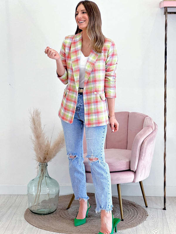 Plaid Double-Breasted Shawl Lapel Blazer Blazers - Chuzko Women Clothing