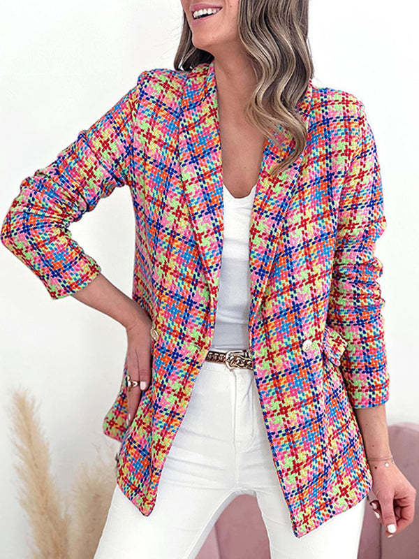 Plaid Double-Breasted Shawl Lapel Blazer Blazers - Chuzko Women Clothing