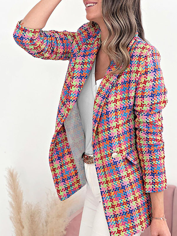 Plaid Double-Breasted Shawl Lapel Blazer Blazers - Chuzko Women Clothing