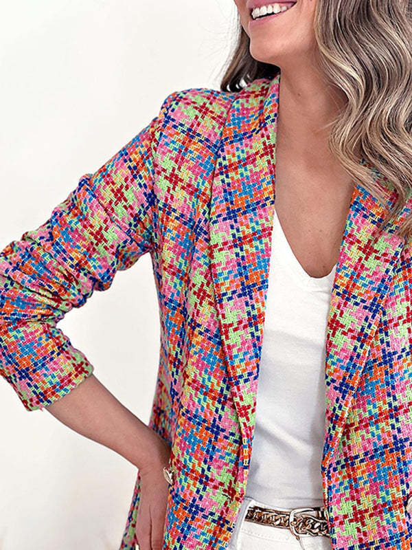 Plaid Double-Breasted Shawl Lapel Blazer Blazers - Chuzko Women Clothing