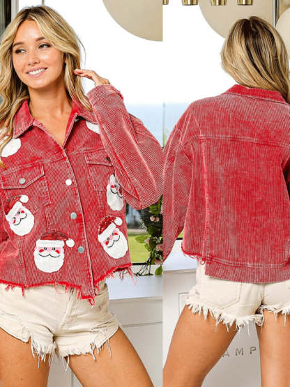 Christmas Santa Claus Sequin Patched Corduroy Jacket Corduroy Jackets - Chuzko Women Clothing