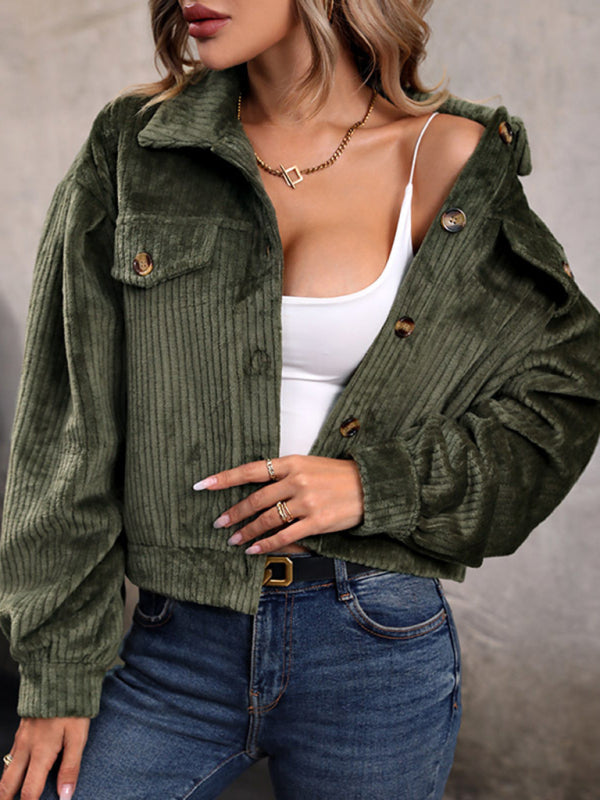 Velvet Elegance: Cropped Corduroy Button-Down Jacket Velvet Jackets - Chuzko Women Clothing