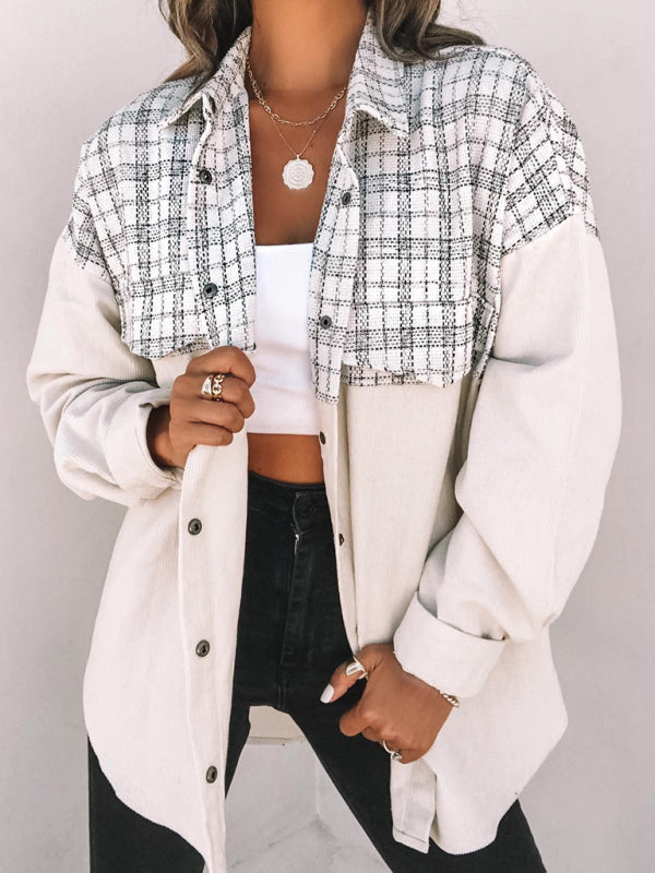 Autumn Cotton Corduroy Plaid Shacket - Cozy Shirt Jacket Corduroy Jackets - Chuzko Women Clothing