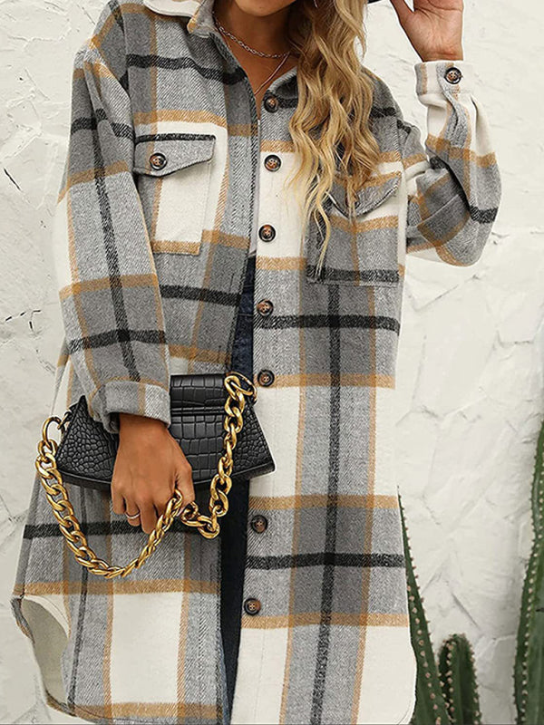 Faux Wool Plaid Windbreaker Coat Windbreaker - Chuzko Women Clothing