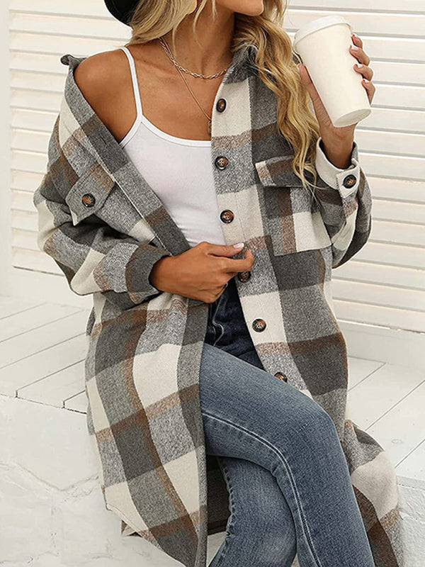 Faux Wool Plaid Windbreaker Coat Windbreaker - Chuzko Women Clothing