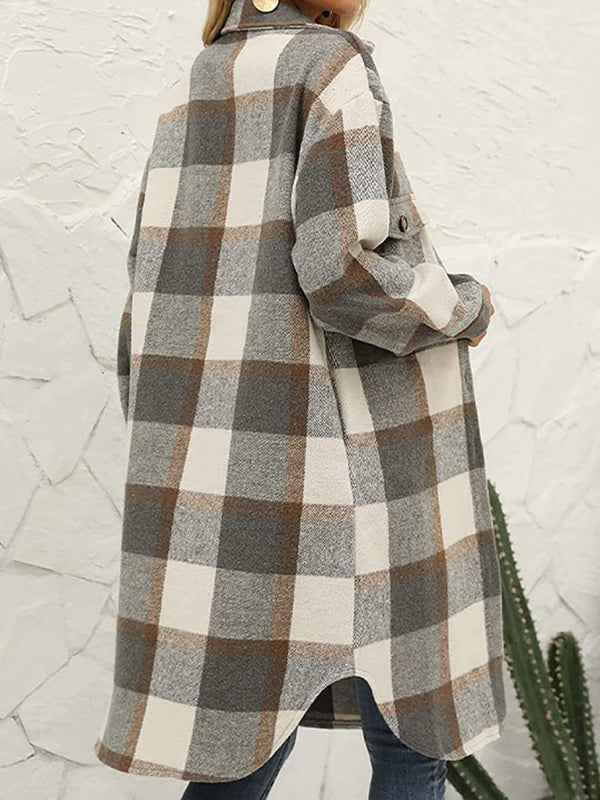 Faux Wool Plaid Windbreaker Coat Windbreaker - Chuzko Women Clothing