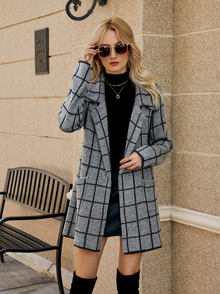 Winter Office Houndstooth Knit Notch Lapel Coat Coats - Chuzko Women Clothing