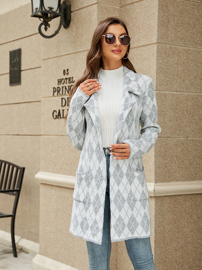 Winter Office Houndstooth Knit Notch Lapel Coat Coats - Chuzko Women Clothing