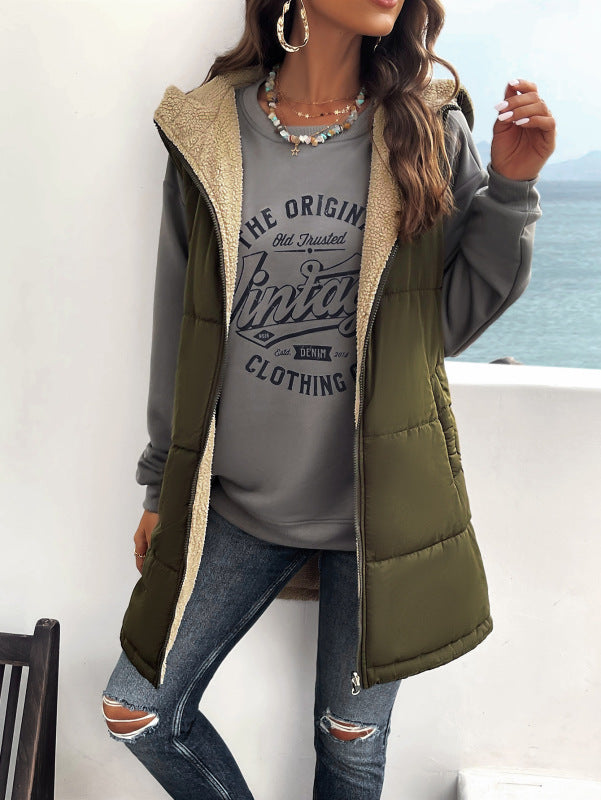 Cold-Proof Puffer Mid-Length Hooded Vest with Fleece Lining Waistcoats - Chuzko Women Clothing