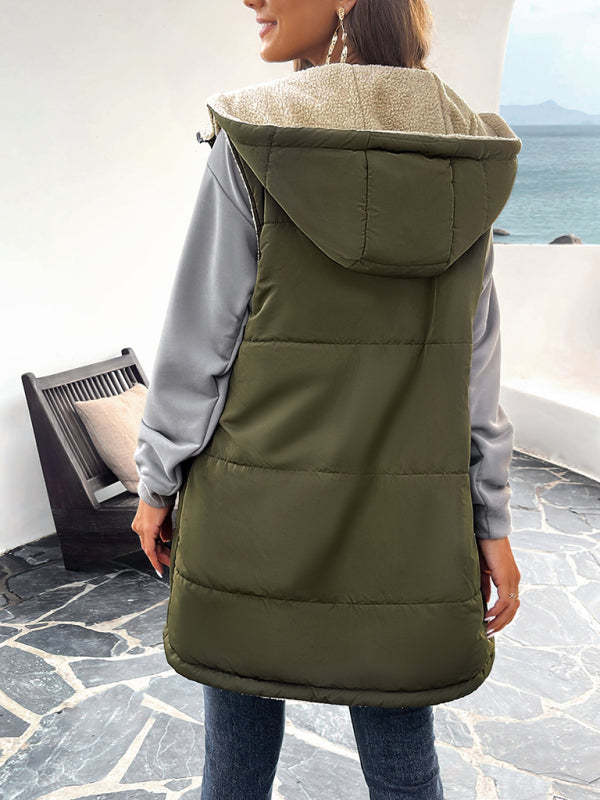 Cold-Proof Puffer Mid-Length Hooded Vest with Fleece Lining Waistcoats - Chuzko Women Clothing