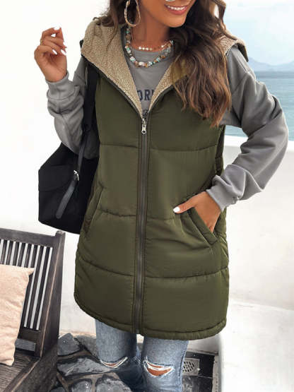 Cold-Proof Puffer Mid-Length Hooded Vest with Fleece Lining Waistcoats - Chuzko Women Clothing