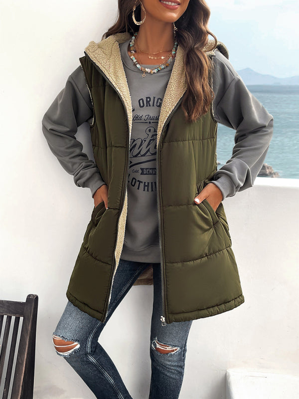 Cold-Proof Puffer Mid-Length Hooded Vest with Fleece Lining Waistcoats - Chuzko Women Clothing