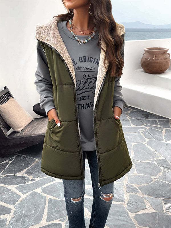 Cold-Proof Puffer Mid-Length Hooded Vest with Fleece Lining Waistcoats - Chuzko Women Clothing