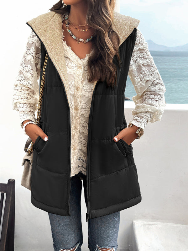 Cold-Proof Puffer Mid-Length Hooded Vest with Fleece Lining Waistcoats - Chuzko Women Clothing