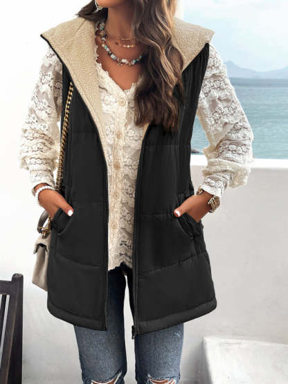 Cold-Proof Puffer Mid-Length Hooded Vest with Fleece Lining Waistcoats - Chuzko Women Clothing