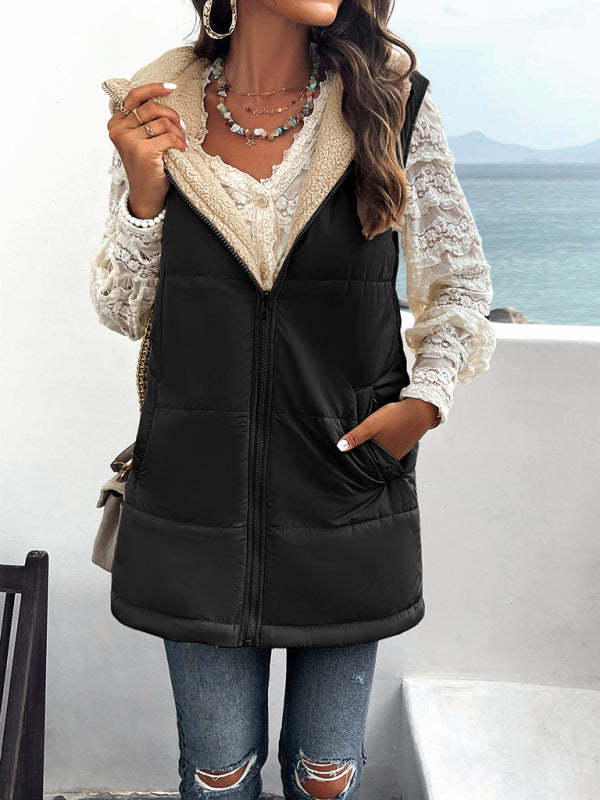 Cold-Proof Puffer Mid-Length Hooded Vest with Fleece Lining Waistcoats - Chuzko Women Clothing