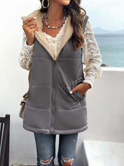 Cold-Proof Puffer Mid-Length Hooded Vest with Fleece Lining Waistcoats - Chuzko Women Clothing