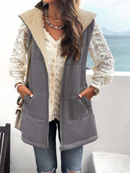 Cold-Proof Puffer Mid-Length Hooded Vest with Fleece Lining Waistcoats - Chuzko Women Clothing