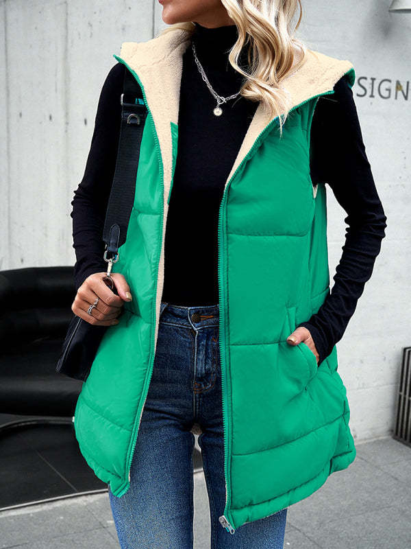 Cold-Proof Puffer Mid-Length Hooded Vest with Fleece Lining Waistcoats - Chuzko Women Clothing