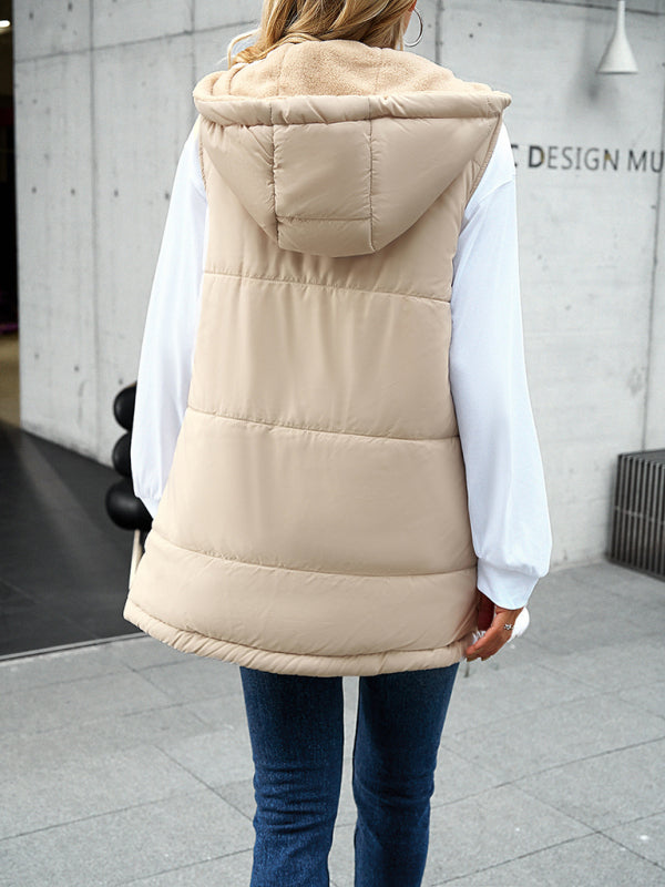 Cold-Proof Puffer Mid-Length Hooded Vest with Fleece Lining Waistcoats - Chuzko Women Clothing