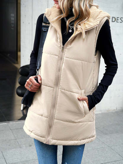 Cold-Proof Puffer Mid-Length Hooded Vest with Fleece Lining Waistcoats - Chuzko Women Clothing