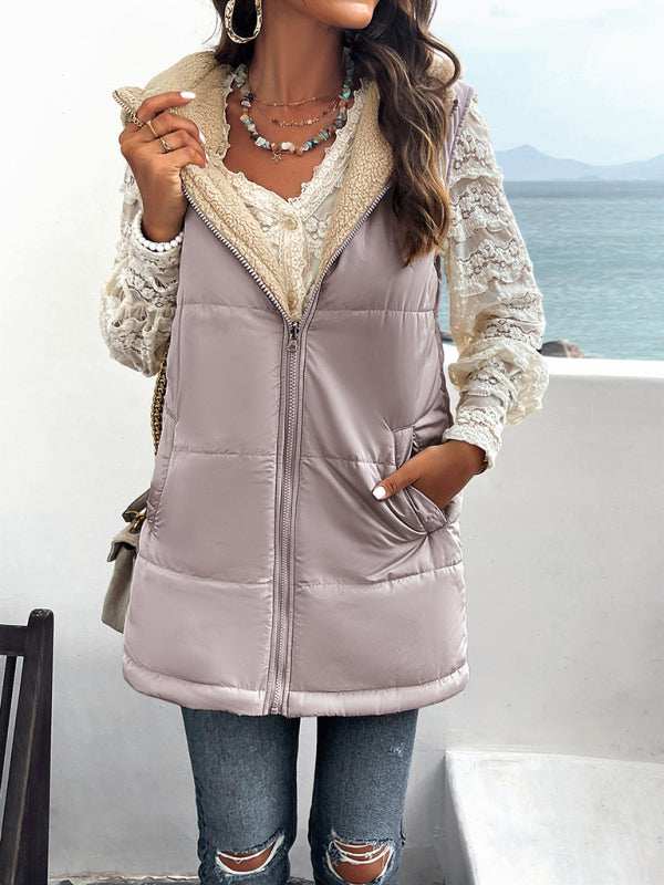 Cold-Proof Puffer Mid-Length Hooded Vest with Fleece Lining Waistcoats - Chuzko Women Clothing