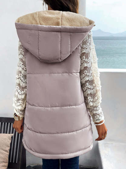 Cold-Proof Puffer Mid-Length Hooded Vest with Fleece Lining Waistcoats - Chuzko Women Clothing