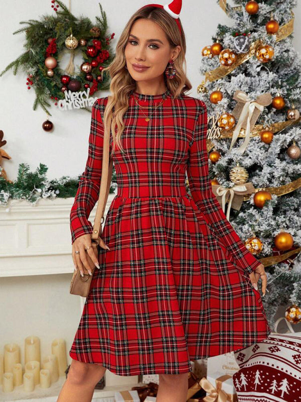 Festive Plaid Christmas Dress: Long Sleeve Mock Neck Holiday Attire –  Chuzko Women Clothing