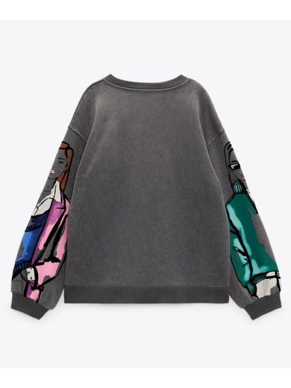 Oversized Creative Print Sweatshirt - Drop Shoulder Pullover Sweatshirts - Chuzko Women Clothing