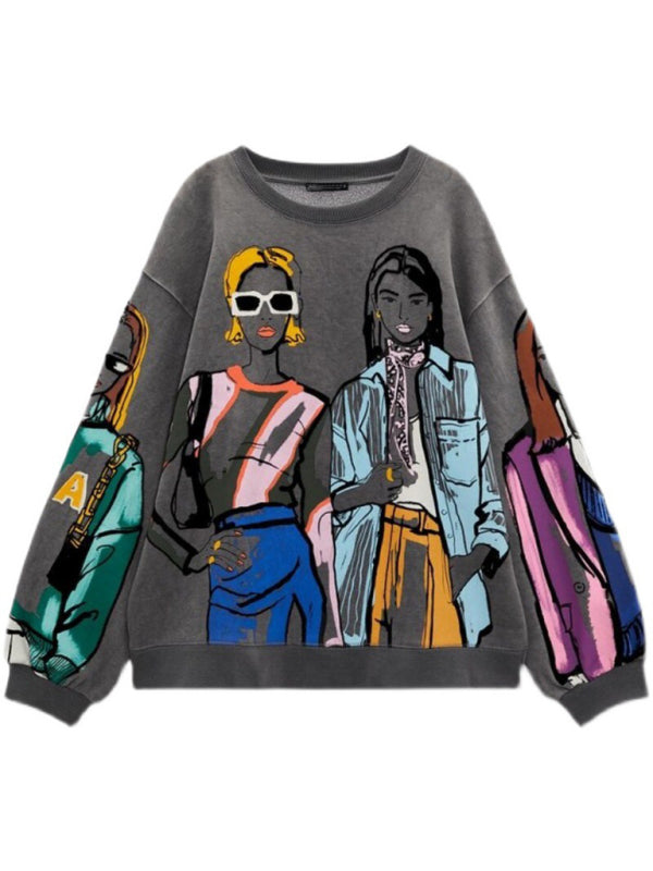 Oversized Creative Print Sweatshirt - Drop Shoulder Pullover Sweatshirts - Chuzko Women Clothing