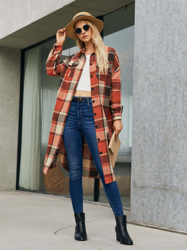 Autumn-Winter Plaid Collared Mid-Length Shacket for Everyday Wear Plaid Shackets - Chuzko Women Clothing