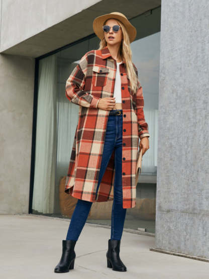 Autumn-Winter Plaid Collared Mid-Length Shacket for Everyday Wear Plaid Shackets - Chuzko Women Clothing