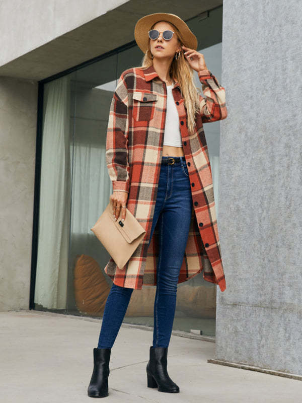 Autumn-Winter Plaid Collared Mid-Length Shacket for Everyday Wear Plaid Shackets - Chuzko Women Clothing